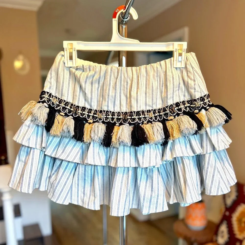 Caroline Constas Pinstripe Tiered Mini Skirt with Tassel Detail Womens Sz Small